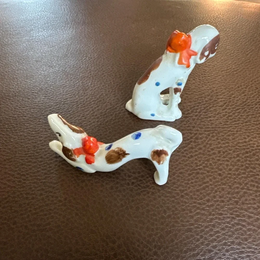 Vintage Japan Sad Hound Dog Porcelain Figurine Set White/Brown with Bows 3